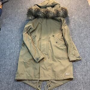 TNA Aritzia Womens XS Military Edition Khaki Fur Hooded Trench Coat Jacket